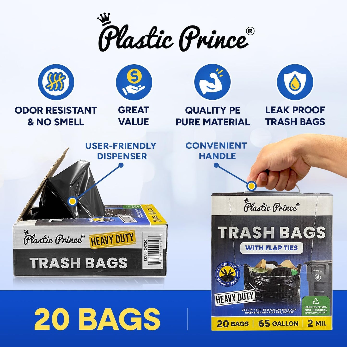 43" x 49" 65 Gallon 2Mil Black Trash Bags with Flap Ties, 20/Box 120/Case