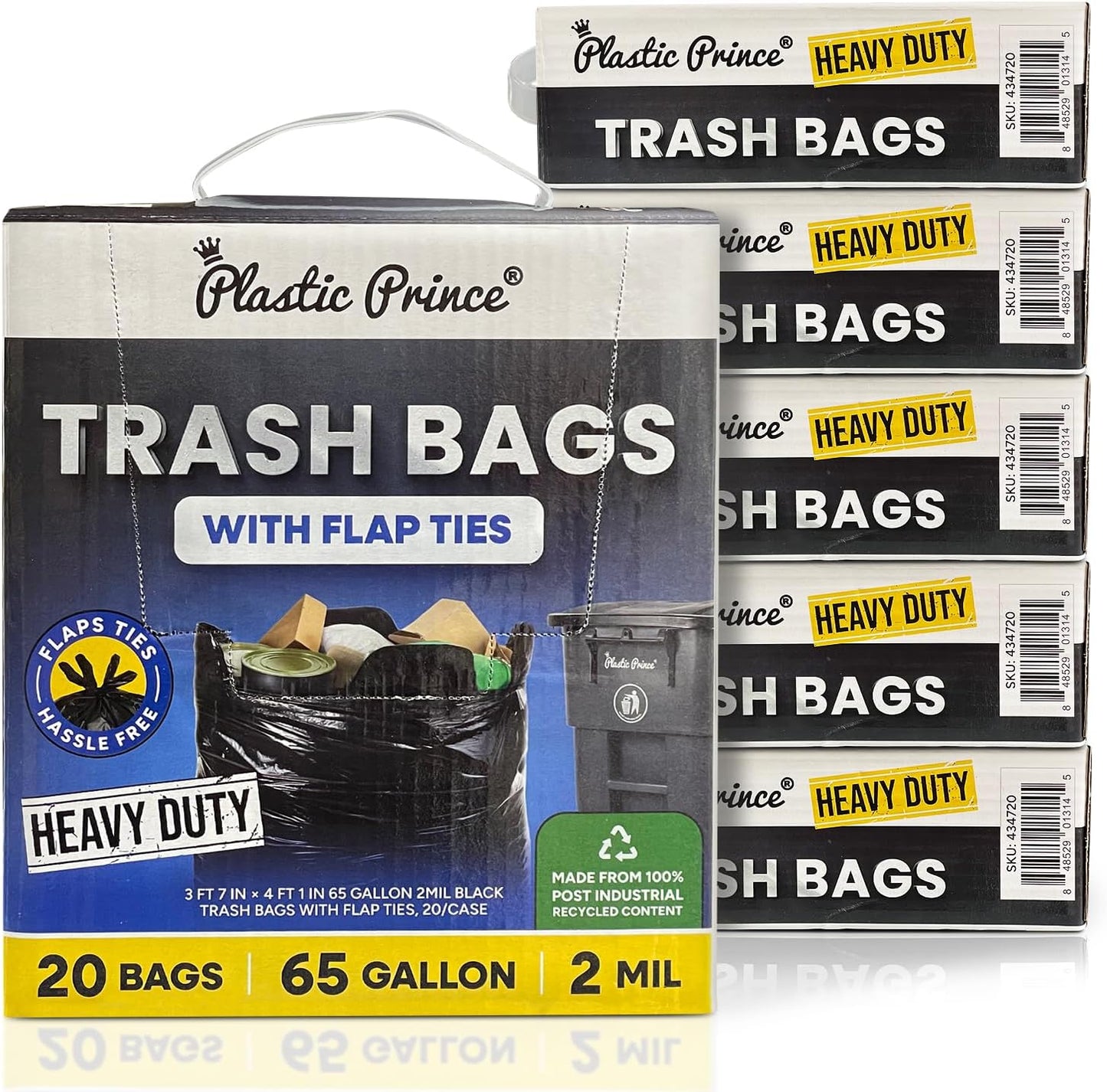 43" x 49" 65 Gallon 2Mil Black Trash Bags with Flap Ties, 20/Box 120/Case