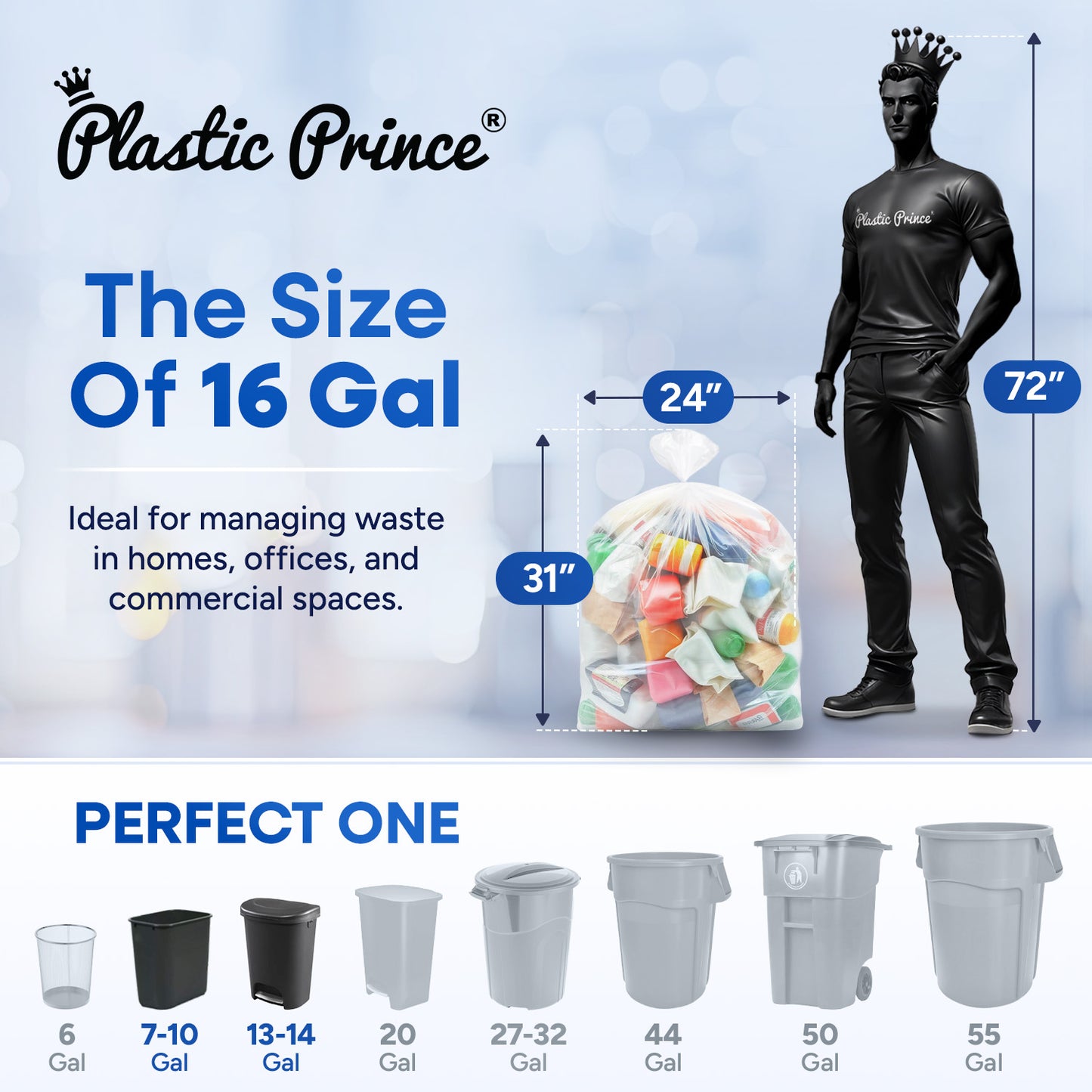 24" x 31", 16 Gallon, 6 Mic, Clear High-Density Can Liners, Perforated Coreless Rolls, 1000/Case