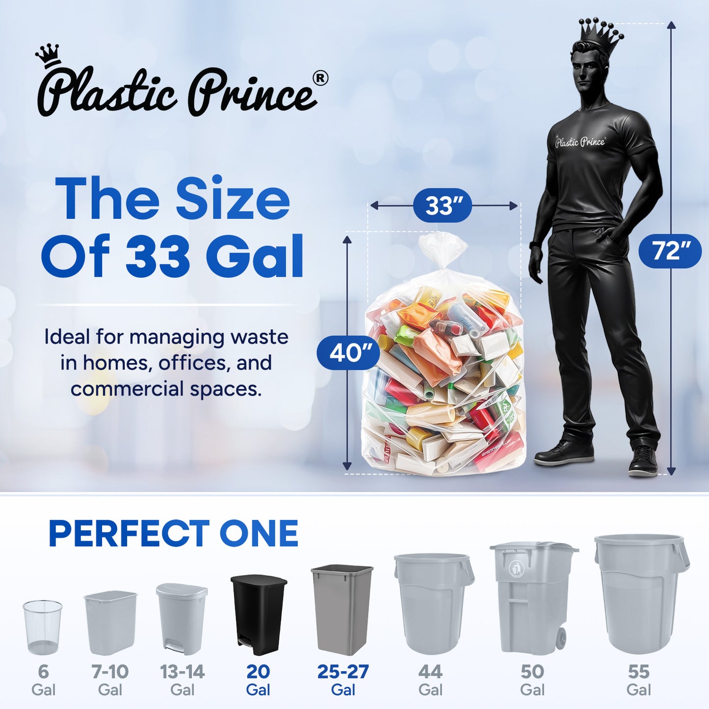 33" x 40", 33 Gallon, 13 Mic, Clear High-Density Can Liners, Perforated Coreless Rolls, 500/Case