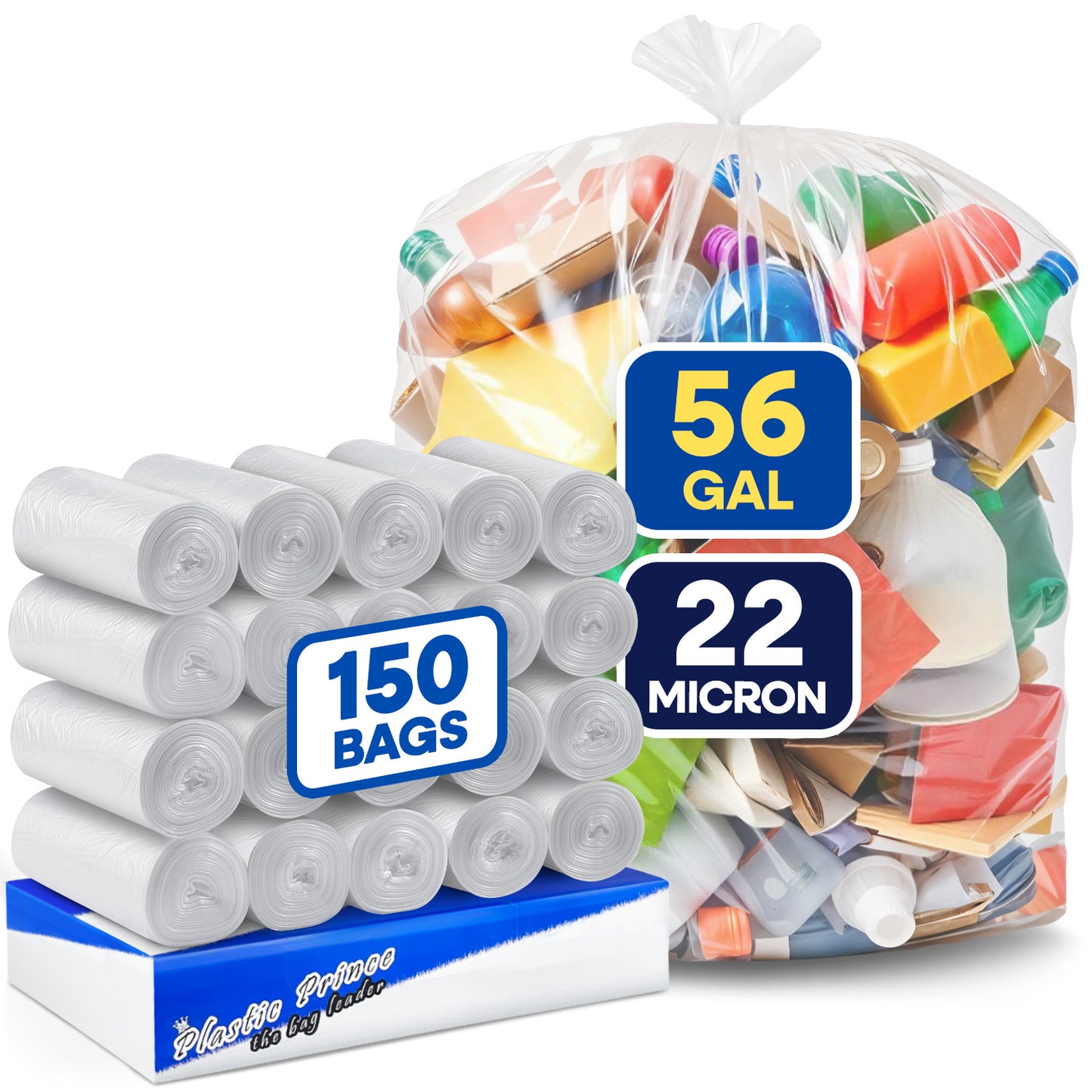 43" x 47", 56 Gallon, 22 Mic, Clear High-Density Can Liners, Perforated Coreless Rolls, 150/Case