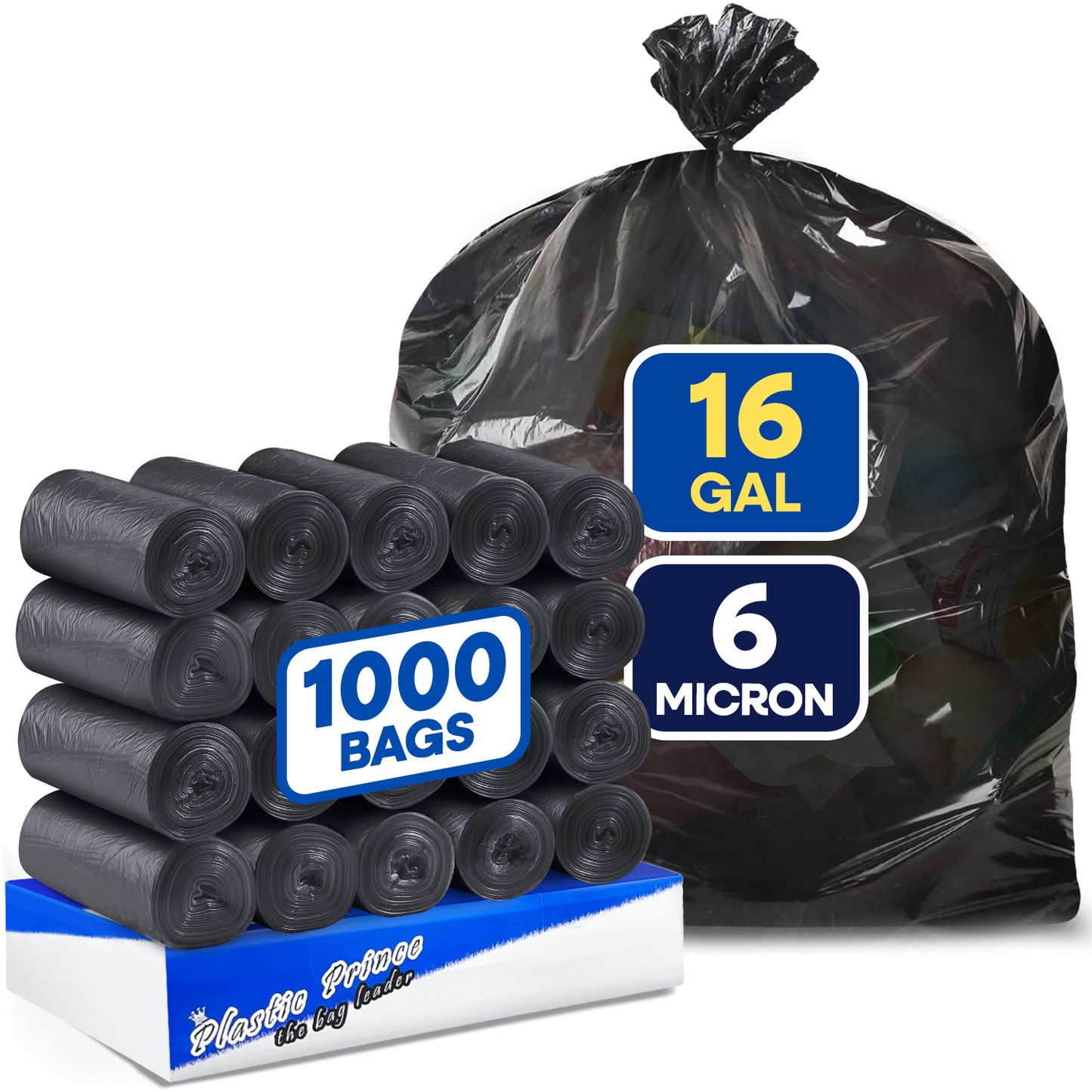 24" x 31", 16 Gallon, 6 Mic, Black High-Density Can Liners, 1000/Case