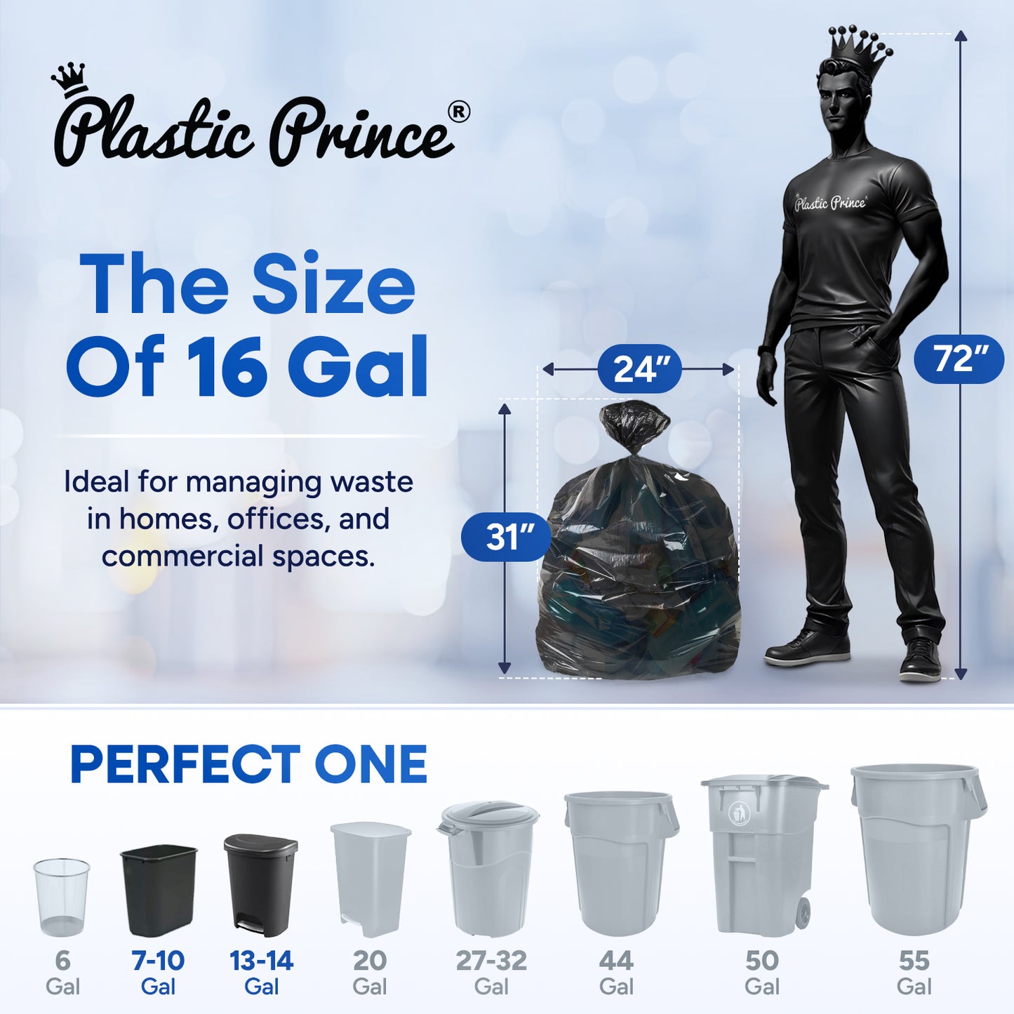 24" x 31", 16 Gallon, 6 Mic, Black High-Density Can Liners, 1000/Case