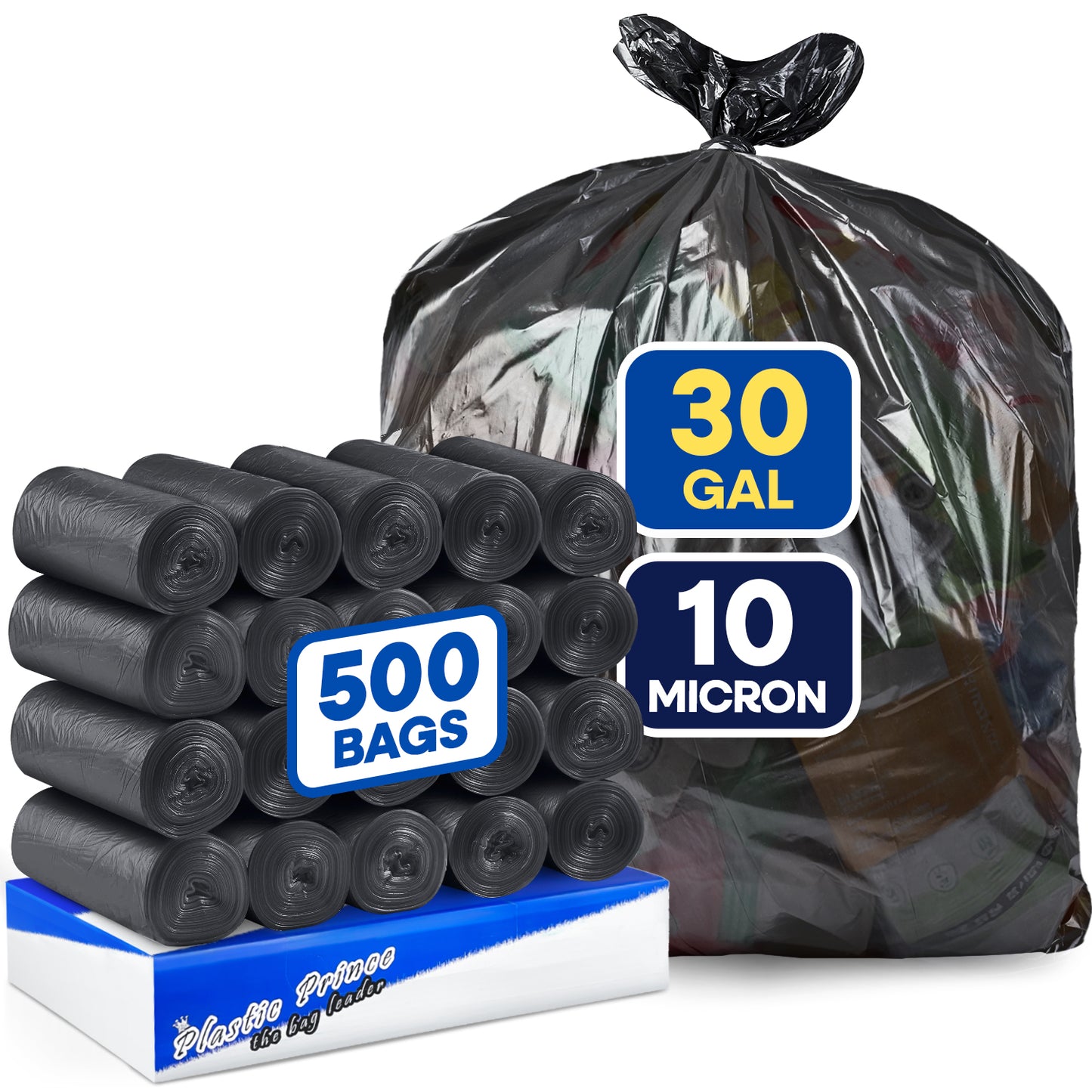 30" x 36", 30 Gallon, 10 Mic, Black High-Density Can Liners, 500/Case