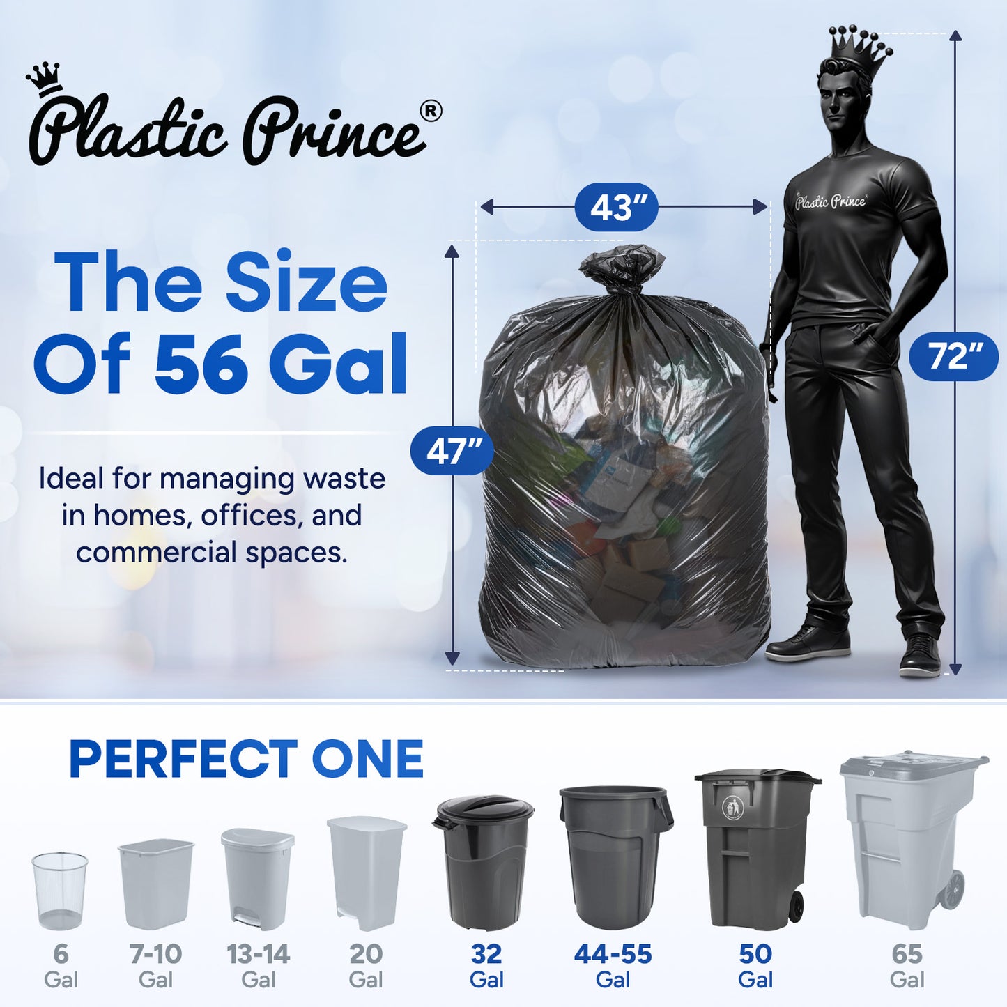 43" x 47", 56 Gallon, 22 Mic, Black High-Density Can Liners, 150/Case