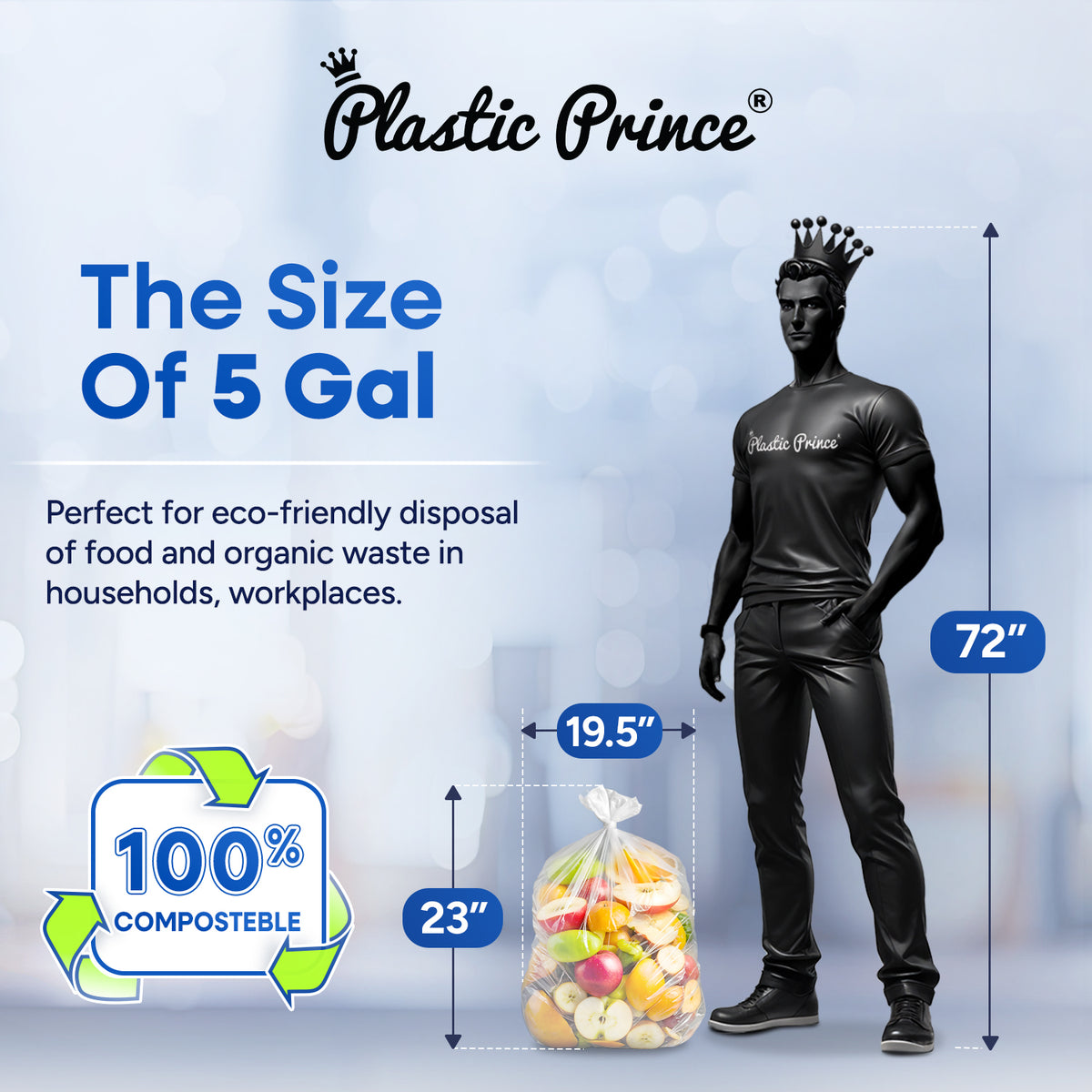 19.5" x 23" 5 Gallon 0.7 Mic Clear Compostable Can Liner, 12 Rolls of 25/Roll, 300/Case
