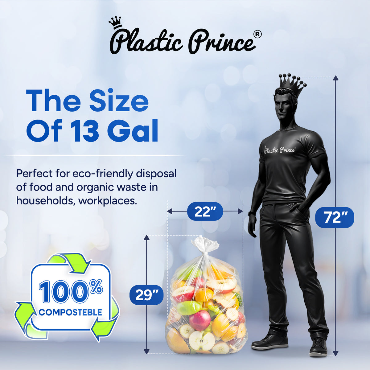 22" x 29" 13 Gallon 0.65 Mic Clear Compostable Can Liner, 10 Rolls of 25/Roll, 250/Case