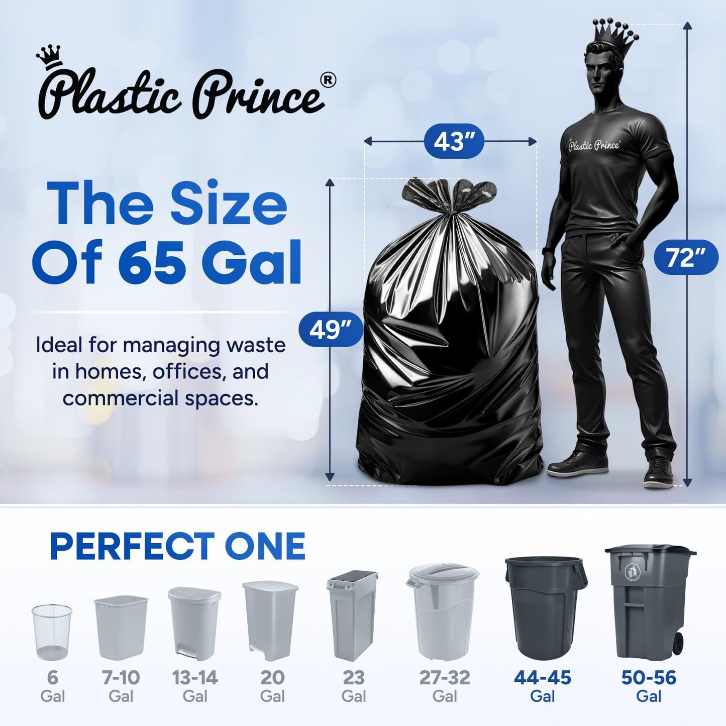 43" x 49" 65 Gallon 2Mil Black Trash Bags with Flap Ties, 20/Box 120/Case