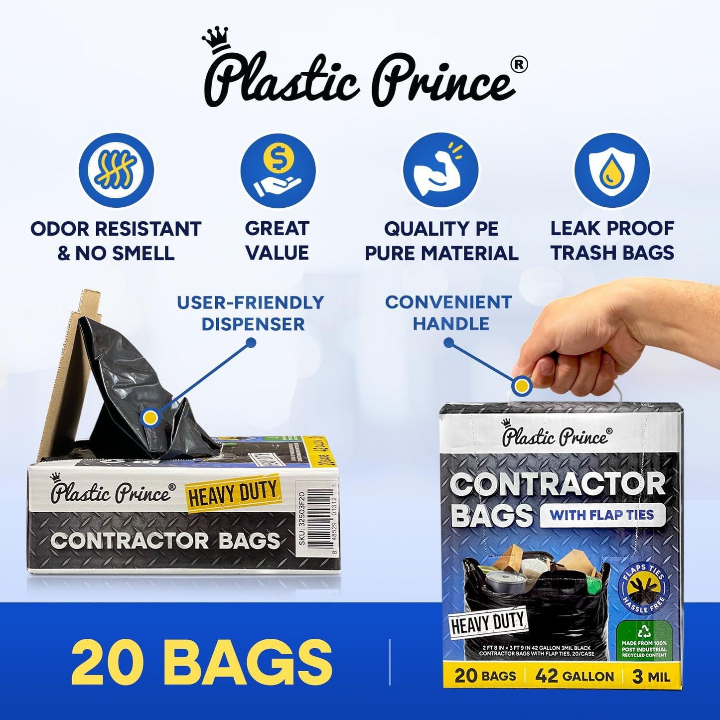 32" x 45" 42 Gallon 3Mil Black Contractor Bags with Flap Ties, 20/Box 120/Case