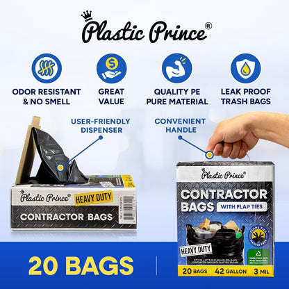 32" x 45" 42 Gallon 3Mil Black Contractor Bags with Flap Ties, 20/Box 120/Case
