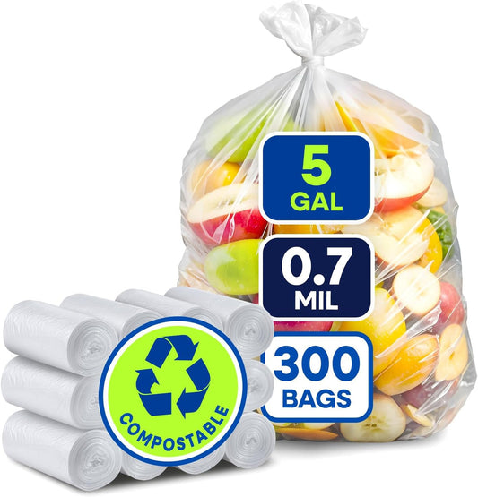 19.5" x 23" 5 Gallon 0.7 Mic Clear Compostable Can Liner, 12 Rolls of 25/Roll, 300/Case