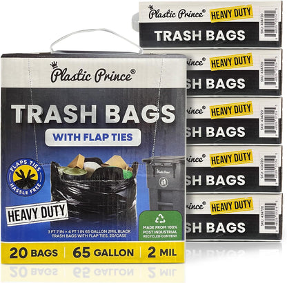 43" x 49" 65 Gallon 2Mil Black Trash Bags with Flap Ties, 20/Box 120/Case