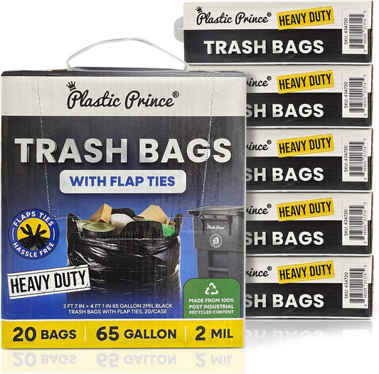 43" x 49" 65 Gallon 2Mil Black Trash Bags with Flap Ties, 20/Box 120/Case