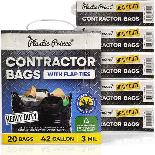 32" x 45" 42 Gallon 3Mil Black Contractor Bags with Flap Ties, 20/Box 120/Case