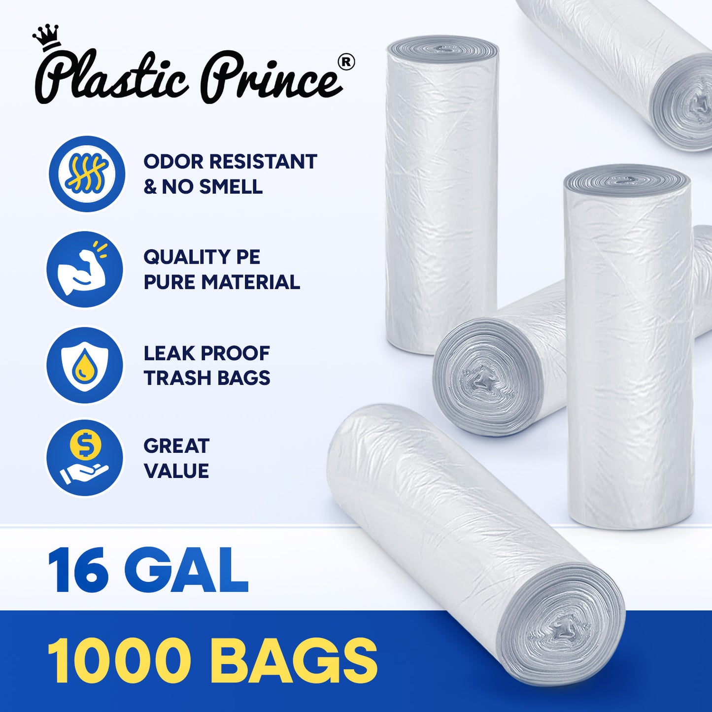 24" x 31", 16 Gallon, 8 Mic, Clear High-Density Can Liners, Perforated Coreless Rolls, 1000/Case