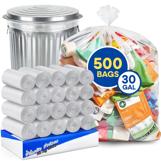 30" x 36", 30 Gallon, 10 Mic, Clear High-Density Can Liners, Perforated Coreless Rolls, 500/Case