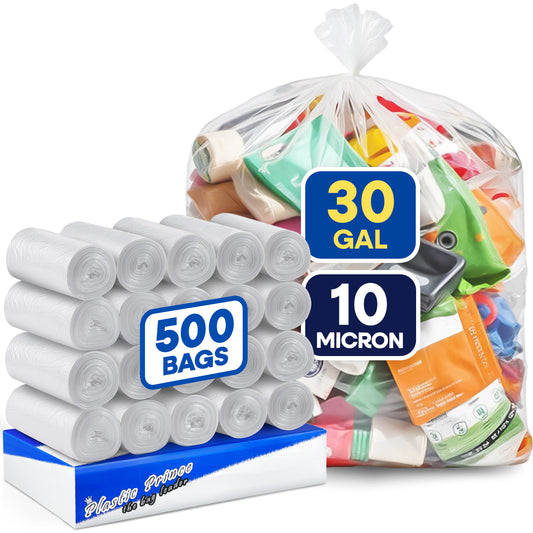 30" x 36", 30 Gallon, 10 Mic, Clear High-Density Can Liners, Perforated Coreless Rolls, 500/Case