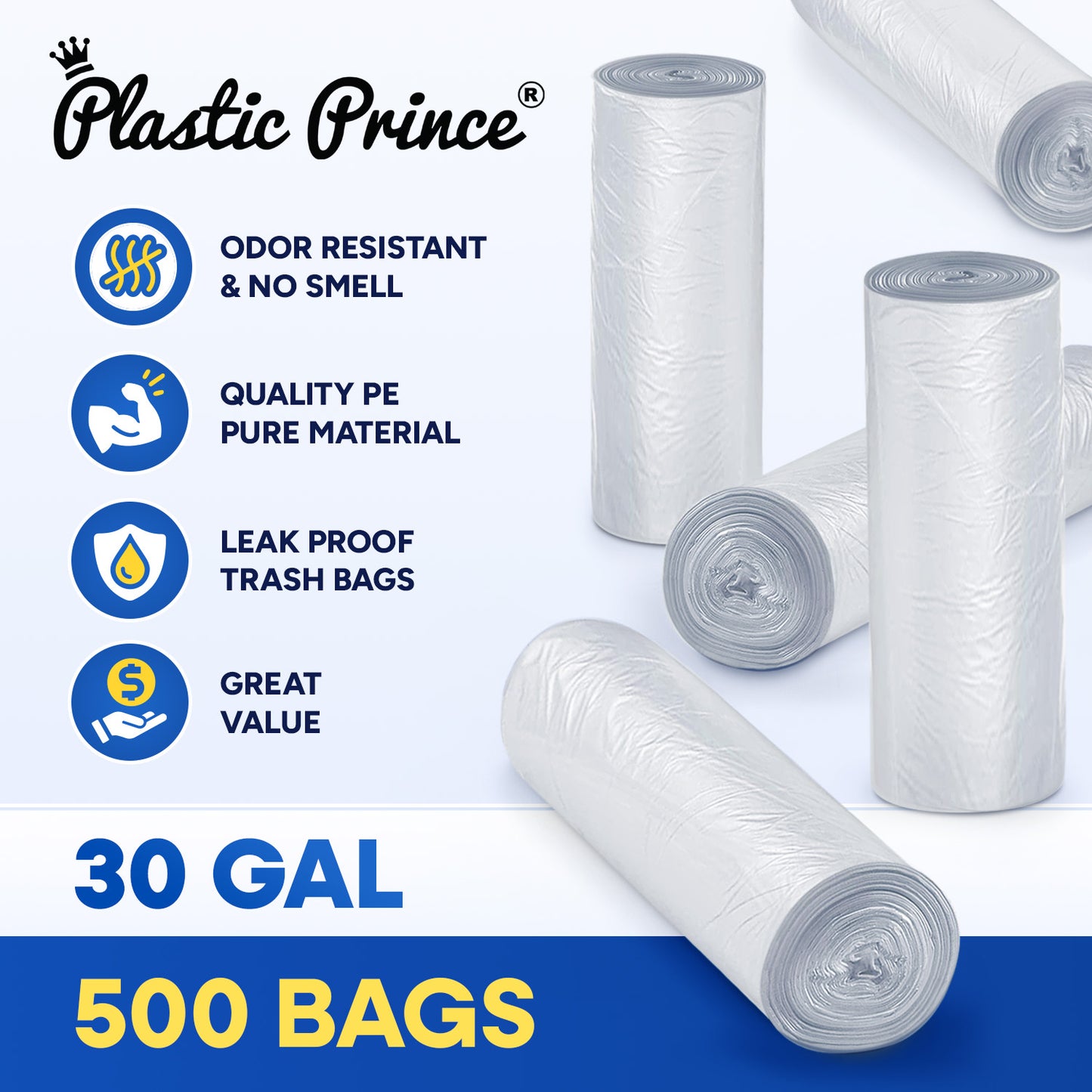 30" x 36", 30 Gallon, 10 Mic, Clear High-Density Can Liners, Perforated Coreless Rolls, 500/Case