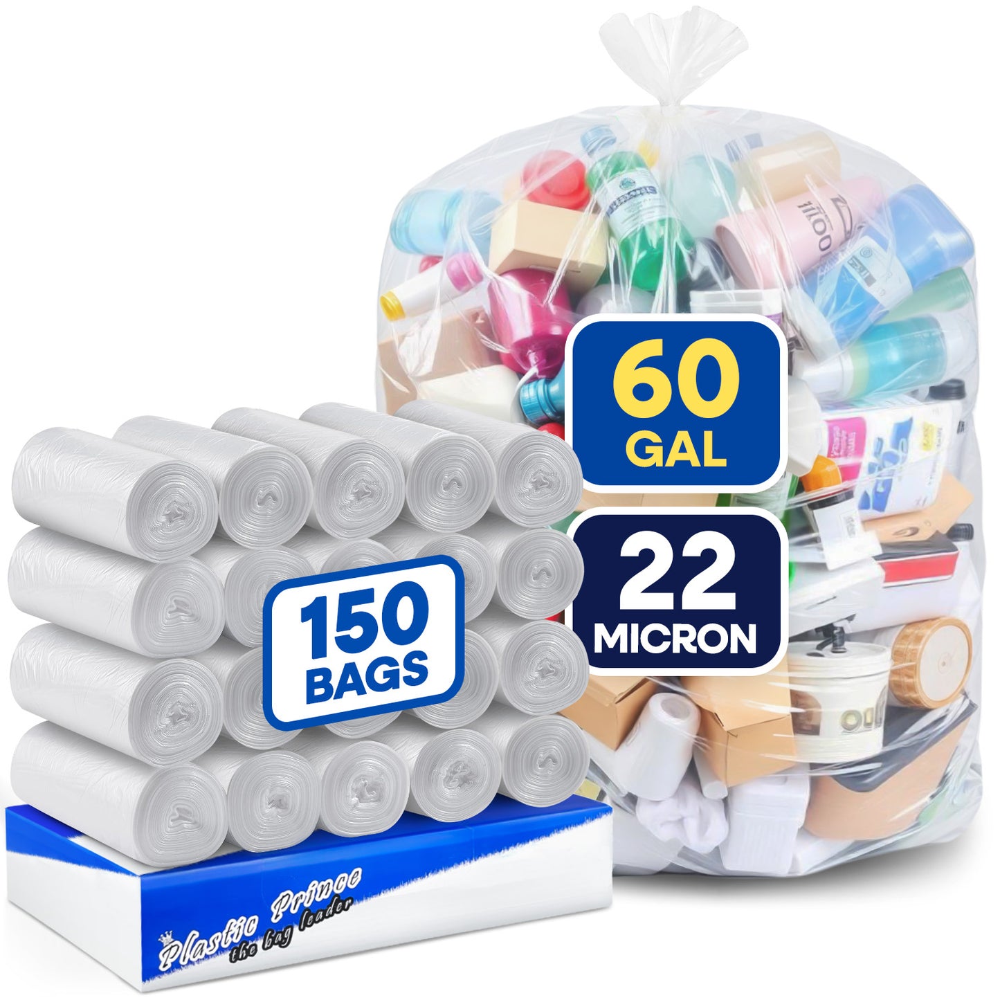 38" x 60", 60 Gallon, 22 Mic, Clear High-Density Can Liners, Perforated Coreless Rolls, 150/Case