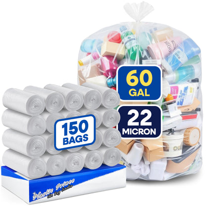 38" x 60", 60 Gallon, 22 Mic, Clear High-Density Can Liners, Perforated Coreless Rolls, 150/Case