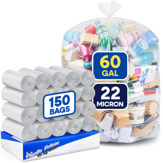 38" x 60", 60 Gallon, 22 Mic, Clear High-Density Can Liners, Perforated Coreless Rolls, 150/Case