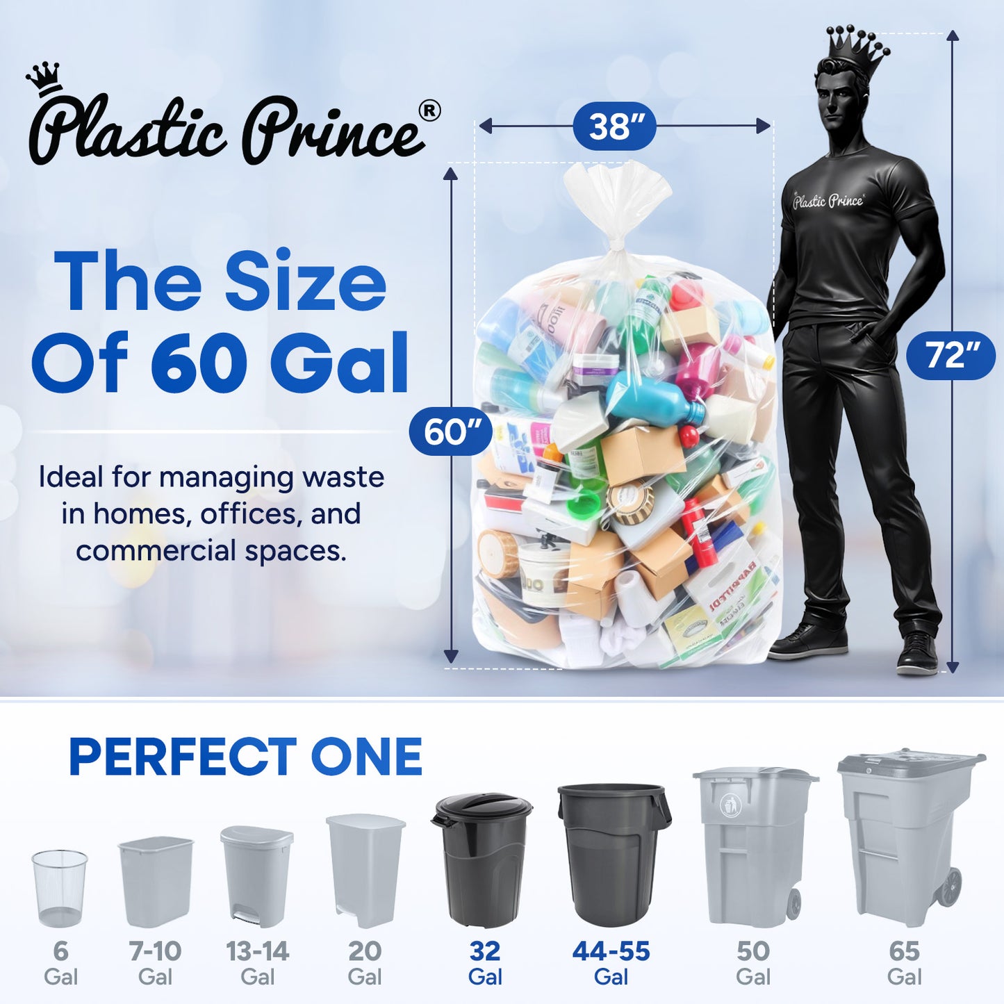 38" x 60", 60 Gallon, 22 Mic, Clear High-Density Can Liners, Perforated Coreless Rolls, 150/Case