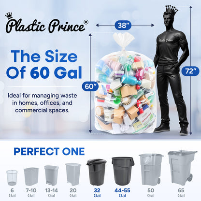 38" x 60", 60 Gallon, 22 Mic, Clear High-Density Can Liners, Perforated Coreless Rolls, 150/Case