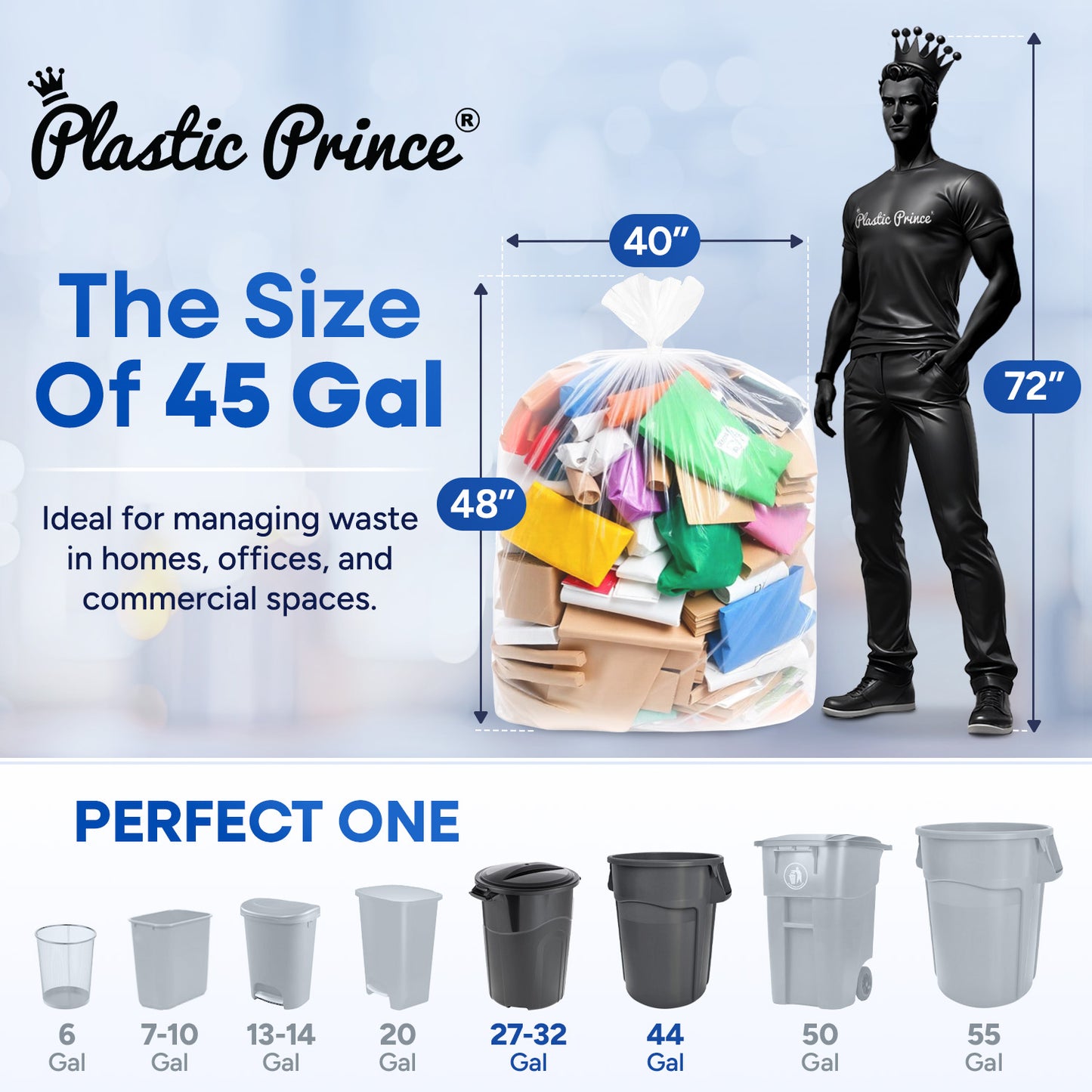 40" x 48", 45 Gallon, 16 Mic, Clear High-Density Can Liners, Perforated Coreless Rolls, 250/Case