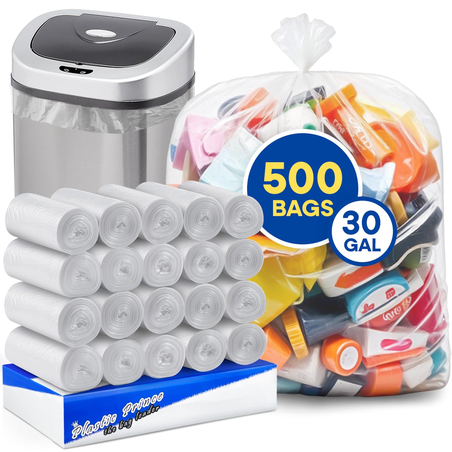 30" x 37", 30 Gallon, 8 Mic, Clear High-Density Can Liners, Perforated Coreless Rolls, 500/Case