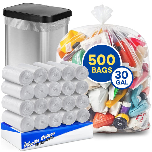 30" x 37", 30 Gallon, 13 Mic, Clear High-Density Can Liners, Perforated Coreless Rolls, 500/Case