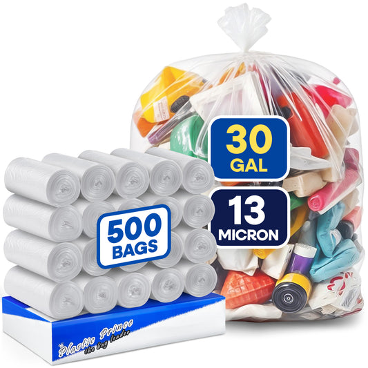 30" x 37", 30 Gallon, 13 Mic, Clear High-Density Can Liners, Perforated Coreless Rolls, 500/Case