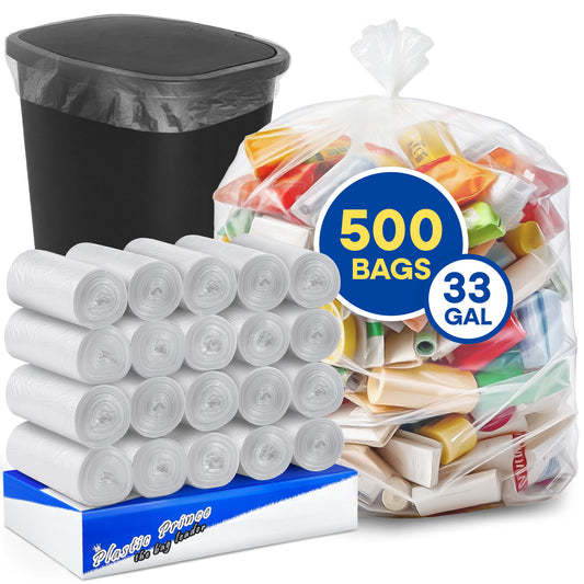 33" x 40", 33 Gallon, 13 Mic, Clear High-Density Can Liners, Perforated Coreless Rolls, 500/Case