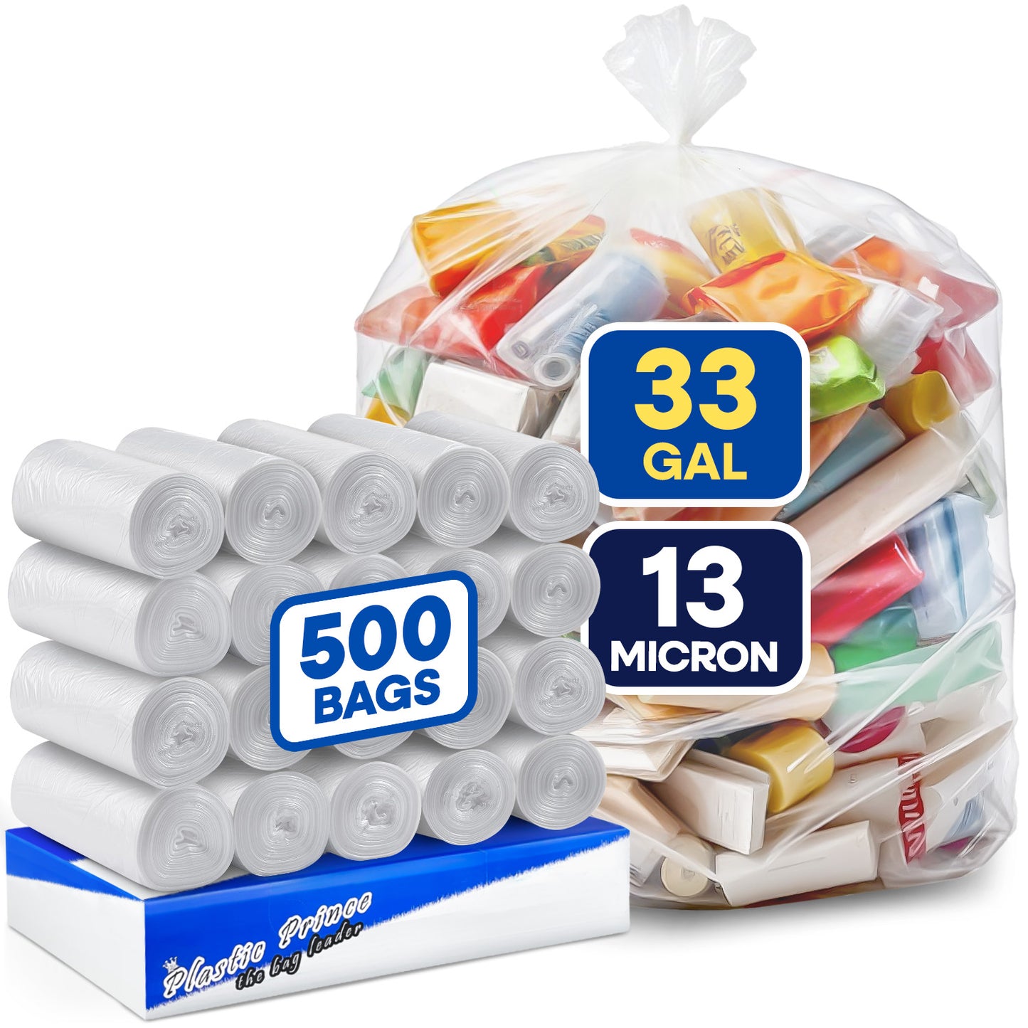 33" x 40", 33 Gallon, 13 Mic, Clear High-Density Can Liners, Perforated Coreless Rolls, 500/Case