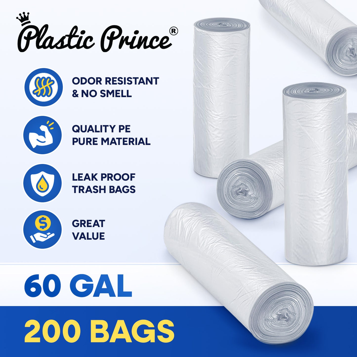 38" x 60", 60 Gallon, 12 Mic, Clear High-Density Can Liners, Perforated Coreless Rolls, 200/Case