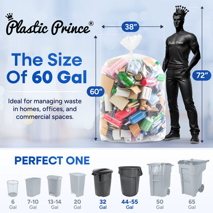 38" x 60", 60 Gallon, 12 Mic, Clear High-Density Can Liners, Perforated Coreless Rolls, 200/Case