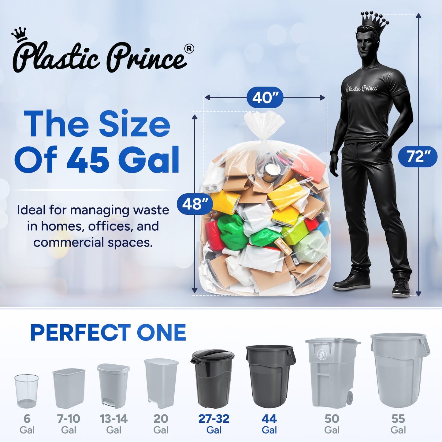40" x 48", 45 Gallon, 12 Mic, Clear High-Density Can Liners, Perforated Coreless Rolls, 250/Case