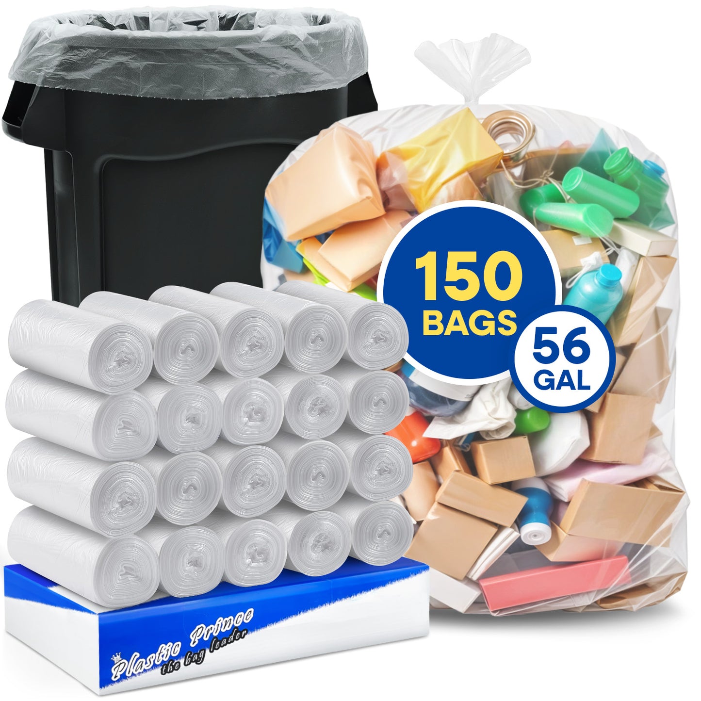 43" x 47", 56 Gallon, 16 Mic, Clear High-Density Can Liners, Perforated Coreless Rolls, 150/Case