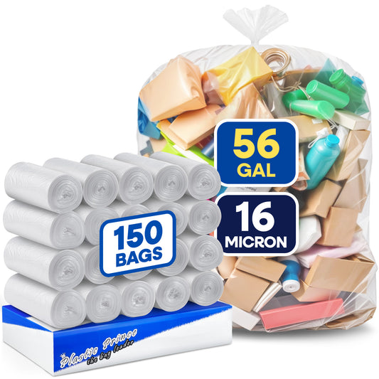 43" x 47", 56 Gallon, 16 Mic, Clear High-Density Can Liners, Perforated Coreless Rolls, 150/Case