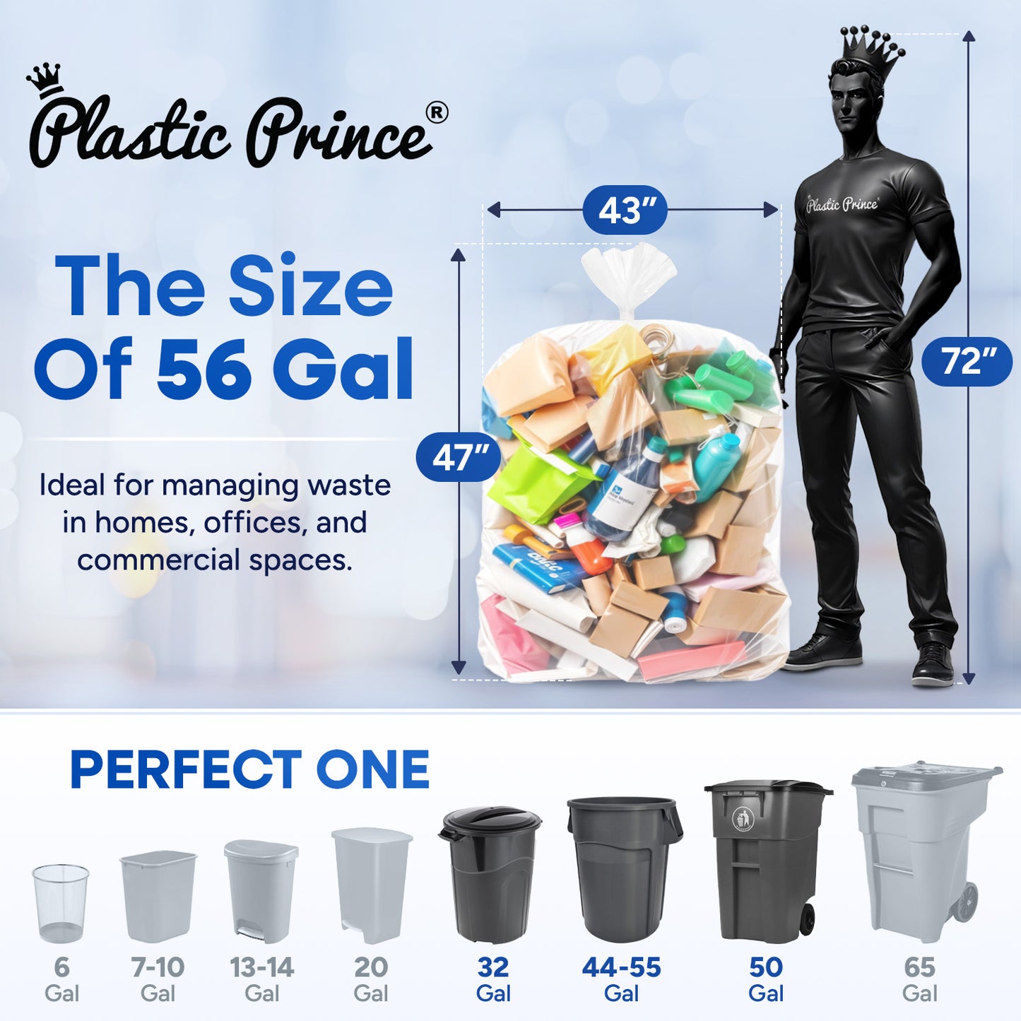 43" x 47", 56 Gallon, 16 Mic, Clear High-Density Can Liners, Perforated Coreless Rolls, 150/Case