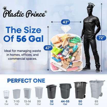 43" x 47", 56 Gallon, 16 Mic, Clear High-Density Can Liners, Perforated Coreless Rolls, 150/Case