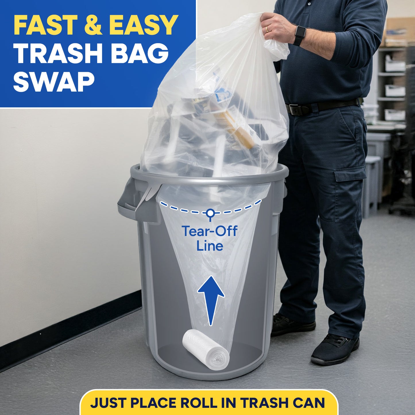 43" x 47", 56 Gallon, 22 Mic, Clear High-Density Can Liners, Perforated Coreless Rolls, 150/Case
