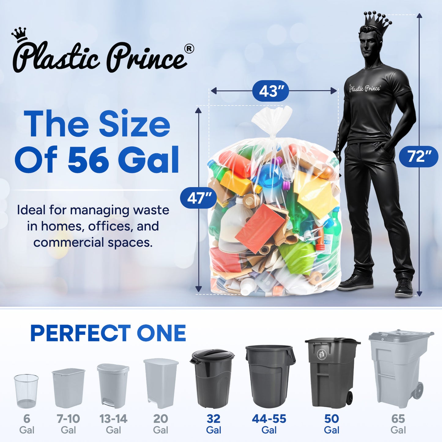 43" x 47", 56 Gallon, 22 Mic, Clear High-Density Can Liners, Perforated Coreless Rolls, 150/Case