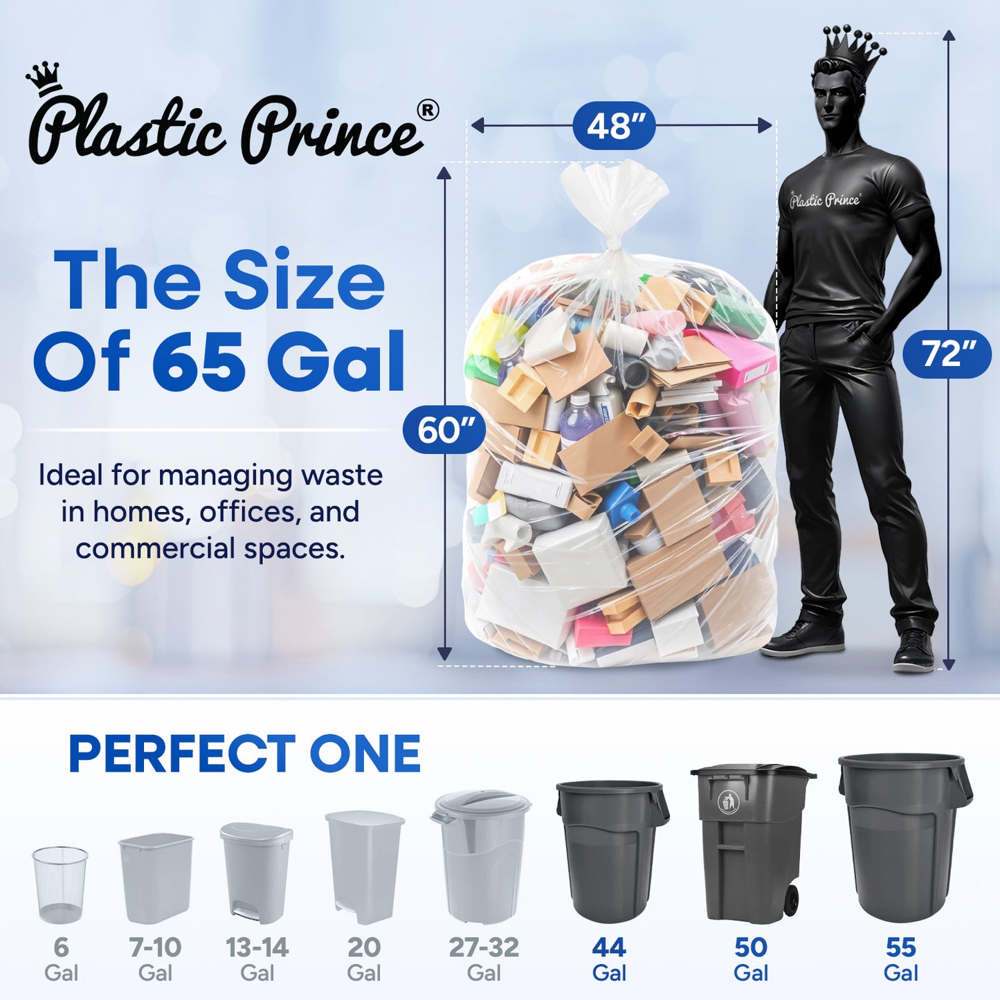 48" x 60", 65 Gallon, 22 Mic, Clear High-Density Can Liners, Perforated Coreless Rolls, 100/Case
