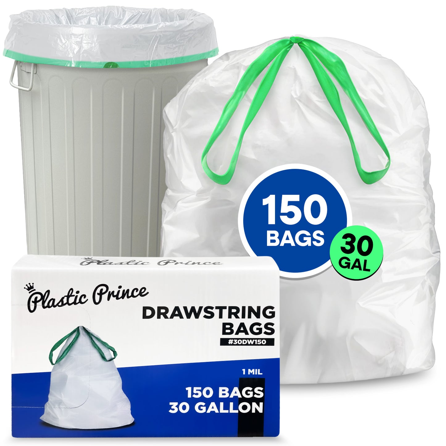 30-Gal, White Drawstring Bags, 30" x 33", 1 Mil, 150/Case