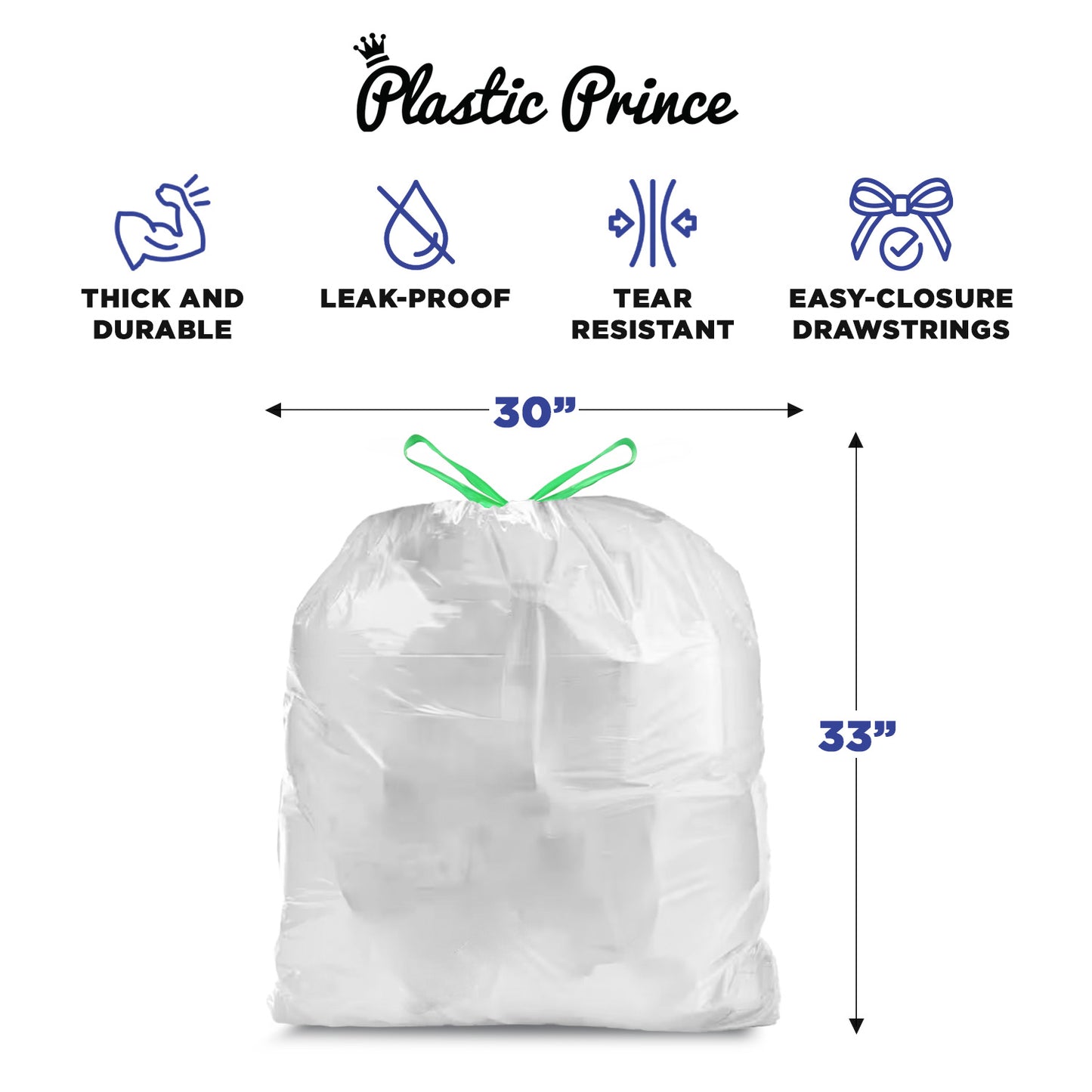 30-Gal, White Drawstring Bags, 30" x 33", 1 Mil, 150/Case