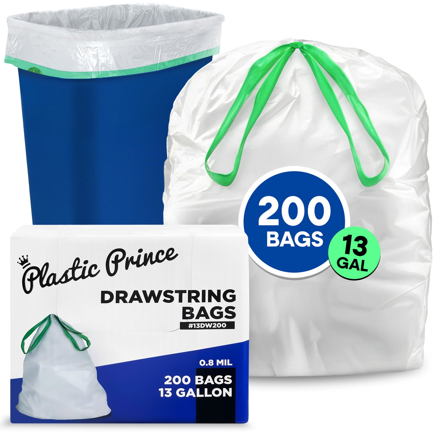 13-Gal, White Drawstring Bags, 24" x 27", 0.8 Mil, 200/Case