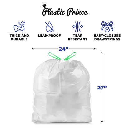 13-Gal, White Drawstring Bags, 24" x 27", 0.8 Mil, 200/Case