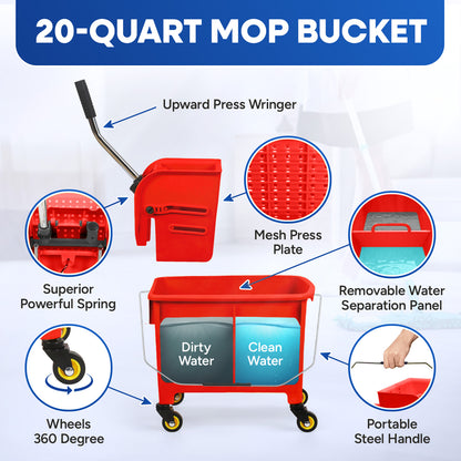 20-QT  Upward Press Mop Bucket and Wringer, Red