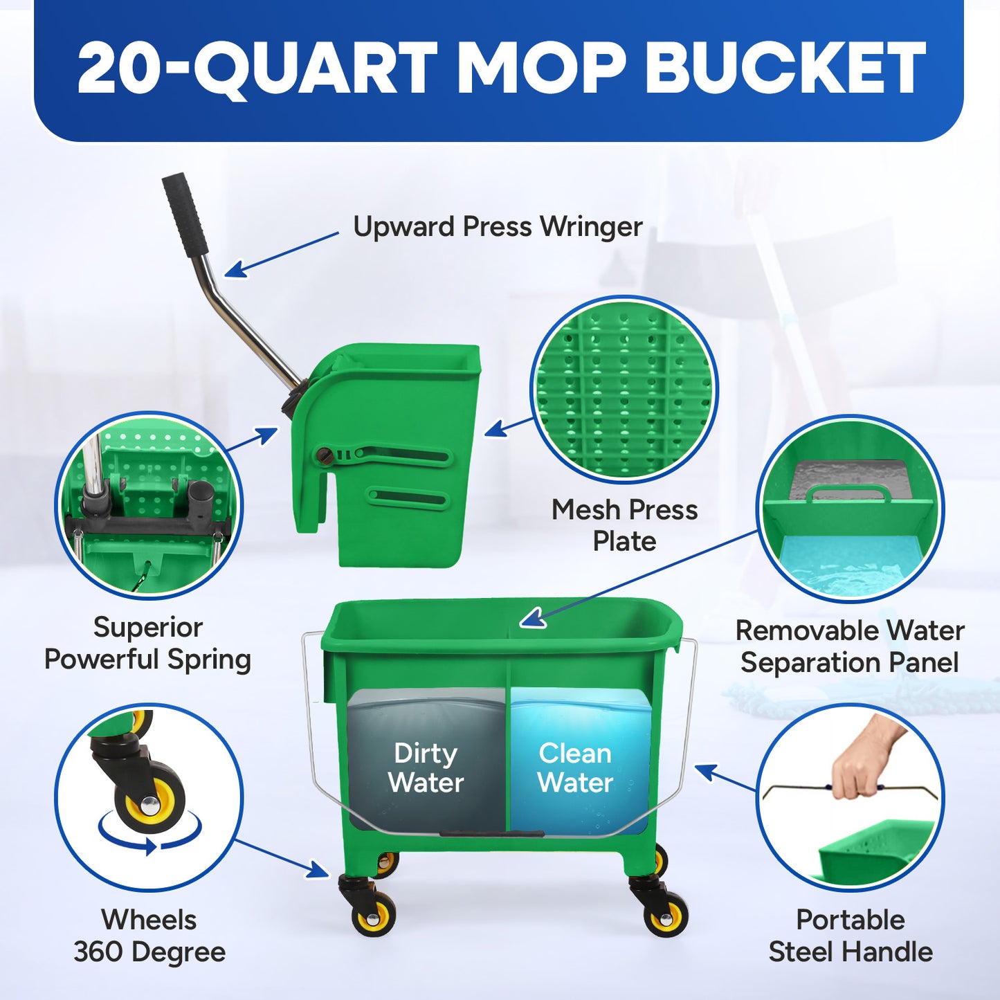 20-QT  Upward Press Mop Bucket and Wringer, Green