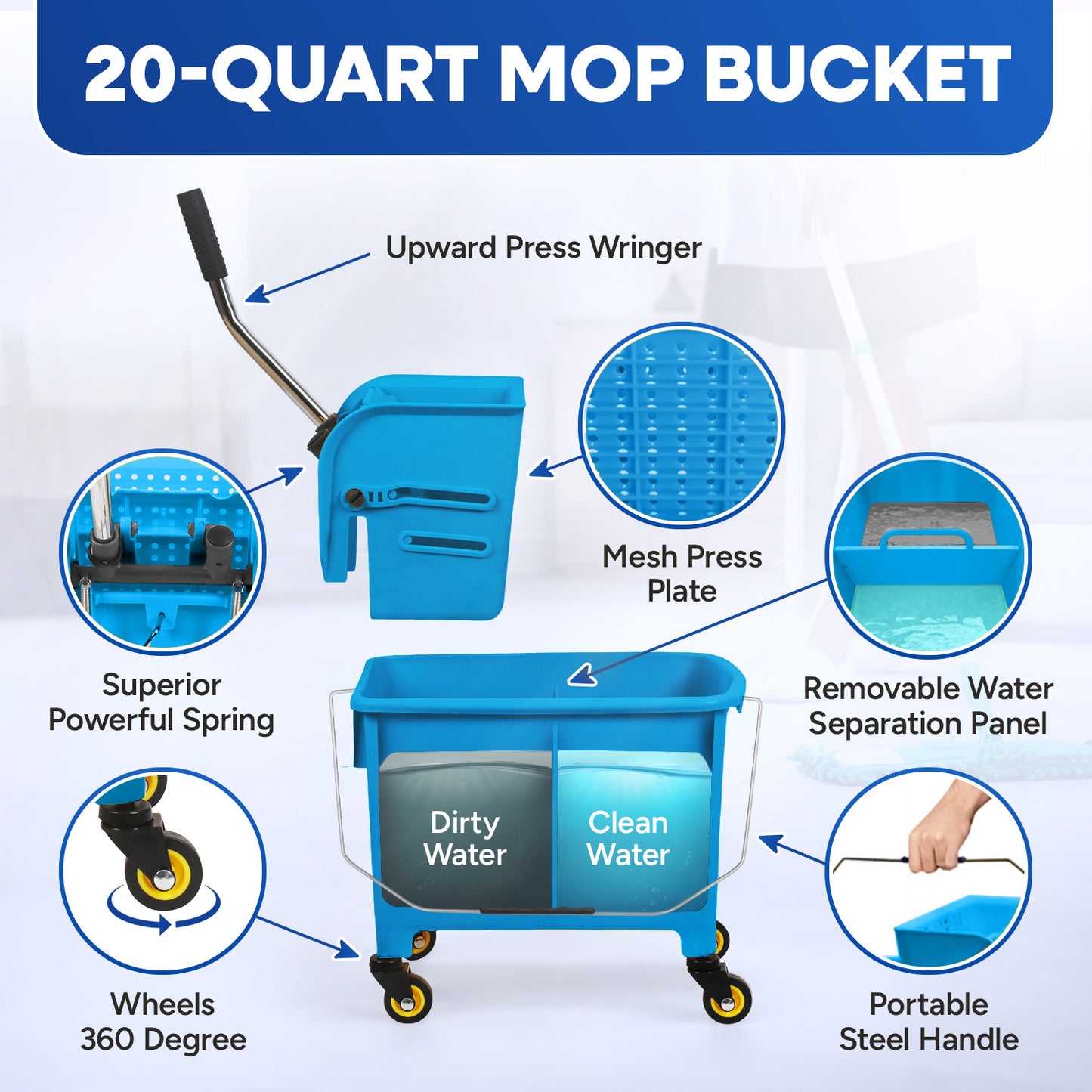 20-QT  Upward Press Mop Bucket and Wringer, Blue